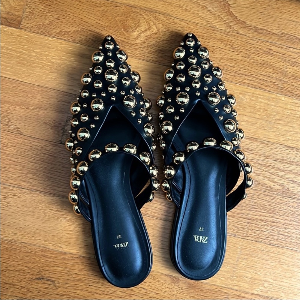 Zara Black Mules with Gold Accents